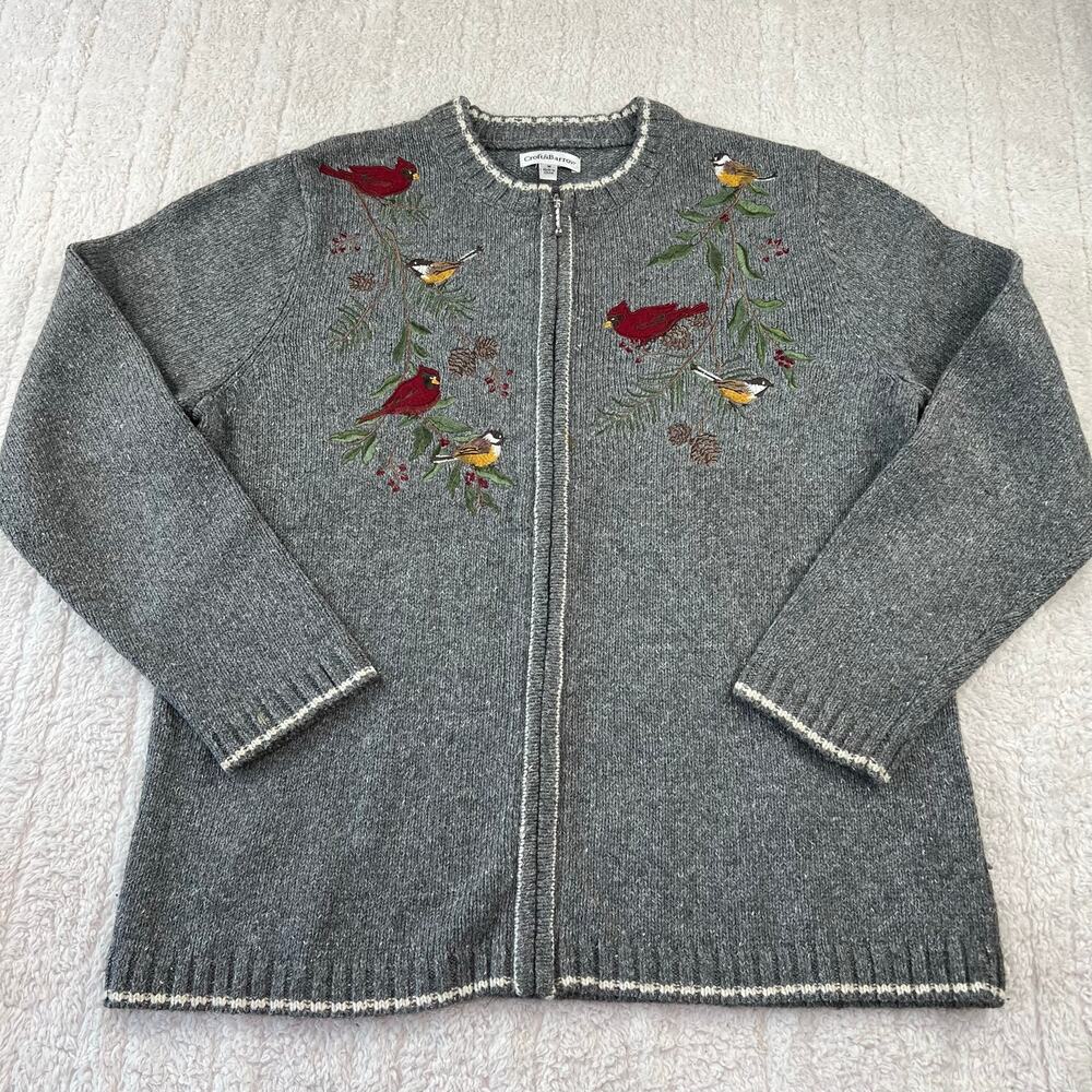 Croft & Barrow embroidered cardinals full zip Gray sweater size medium